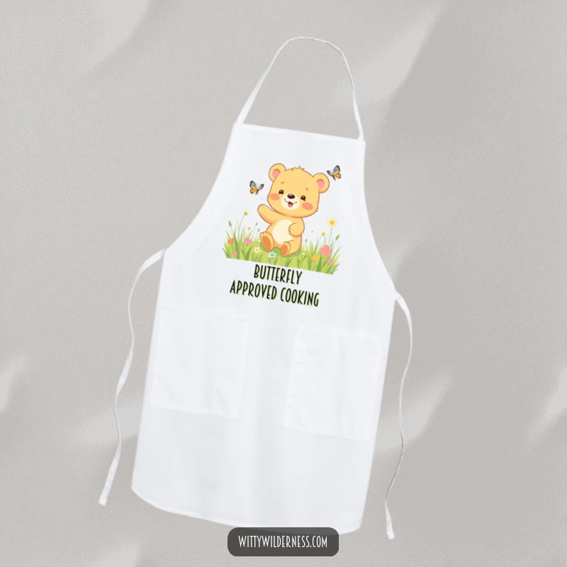 Funny apron print of a happy bear cub chasing butterflies in a blooming meadow, adding a touch of playful charm to kitchen tasks.