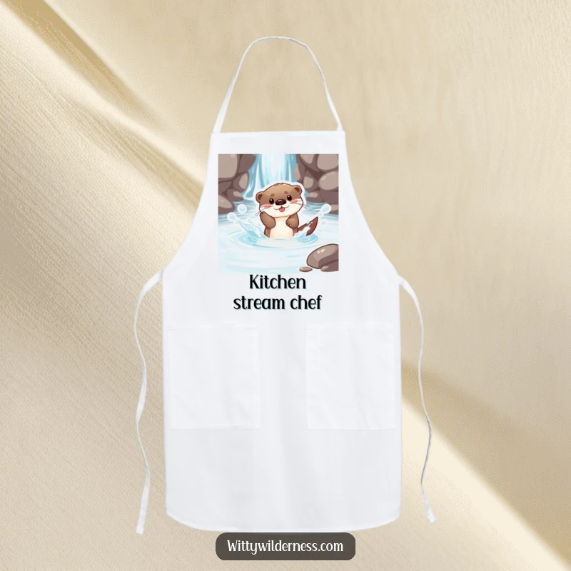 Funny apron print of a playful otter pup splashing energetically in a crystal clear stream, adding fun to kitchen tasks.