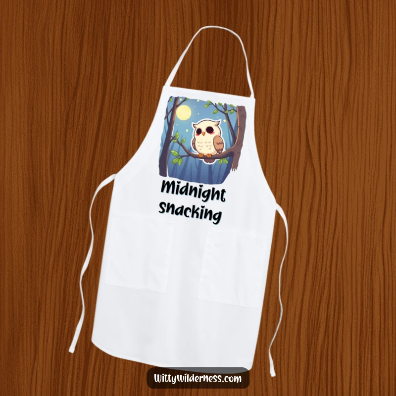 Funny apron showing a giggling owl perched on a branch, watching over the moonlit forest, perfect for a night owl cook.