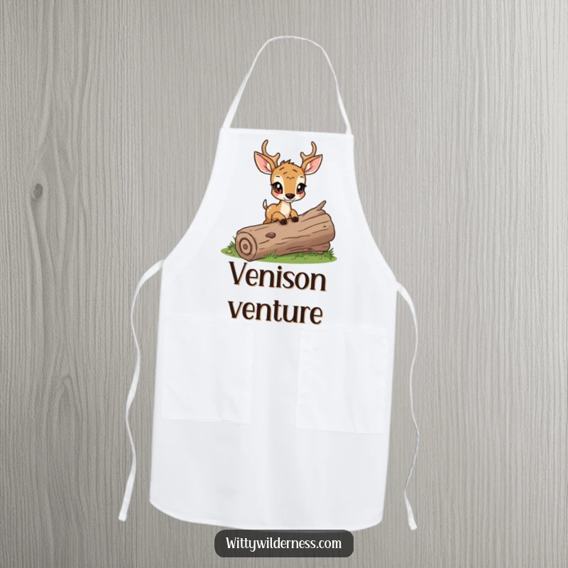 Funny apron showing a determined deer cautiously stepping over a fallen log, perfect for a focused cook.