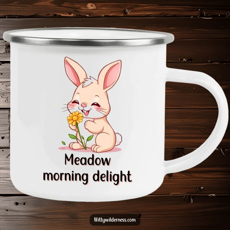 Funny camping mug depicting a giggling bunny nibbling a small wildflower, ideal for enjoying nature-themed drinks outdoors.