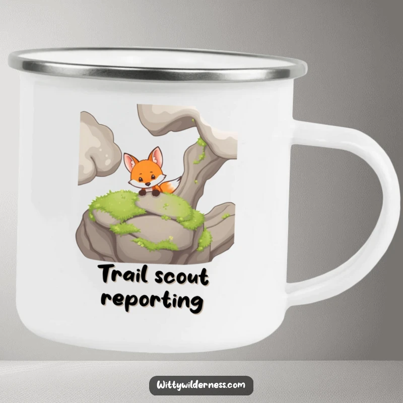 Funny camping mug featuring a curious fox peeking from behind a mossy rock, ideal for camping trips.