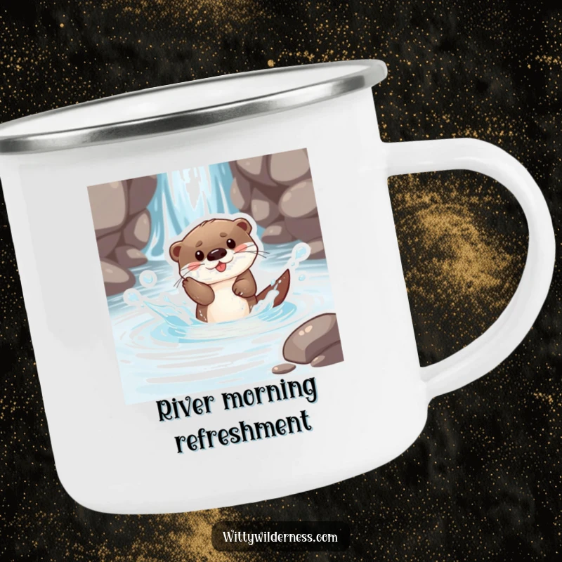 Funny camping mug depicting a playful otter pup splashing in a crystal clear stream, ideal for outdoor fun and refreshment.