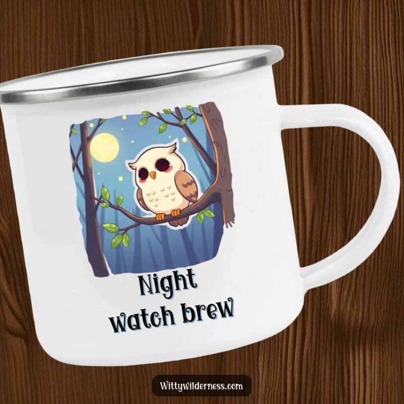 Funny camping mug featuring a giggling owl perched on a branch, scanning the moonlit forest, ideal for night adventures.