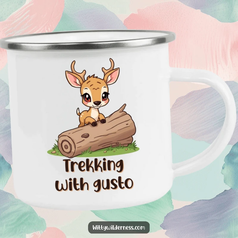 Funny camping mug featuring a determined deer cautiously stepping over a fallen log, ideal for focused adventures.