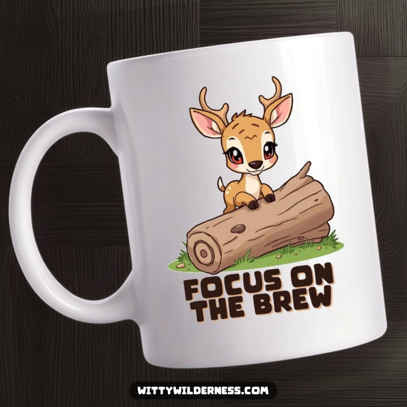 Funny mug featuring a determined deer cautiously stepping over a fallen log, eyes bright with focus.