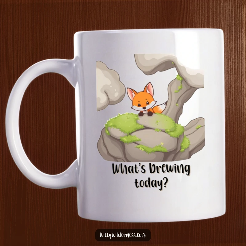 Funny mug featuring a curious fox peeking from behind a mossy rock, embodying sly inquisitiveness.