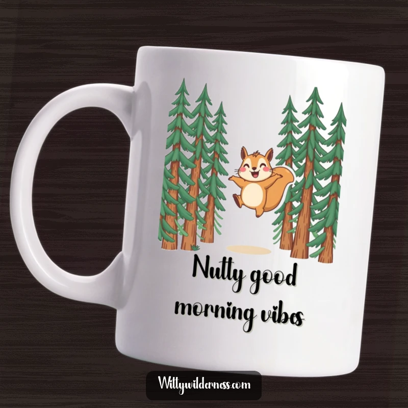 Funny mug featuring a joyful squirrel leaping playfully between tall pine trees, embodying pure woodland happiness.