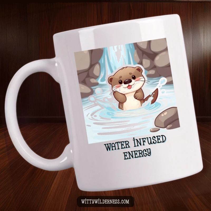 Funny mug showing a cute, playful otter pup gleefully splashing in a crystal clear stream, embodying pure, unadulterated aquatic fun.