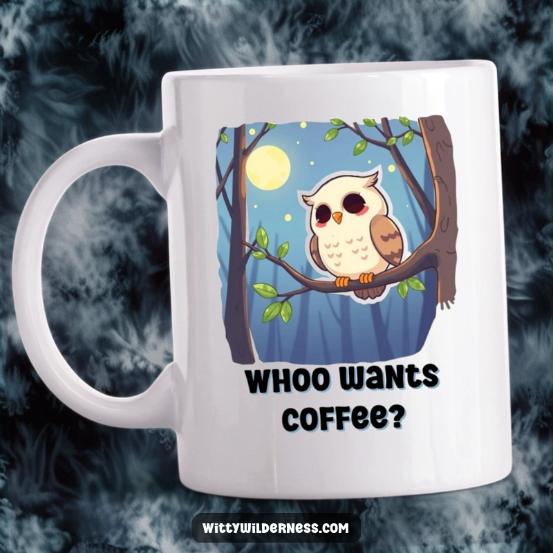 Funny mug featuring a giggling owl perched on a branch, scanning the moonlit forest with amusement.