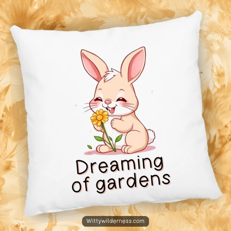Funny pillow showing a giggling bunny nibbling on a small wildflower, offering comfort and a touch of garden sweetness.