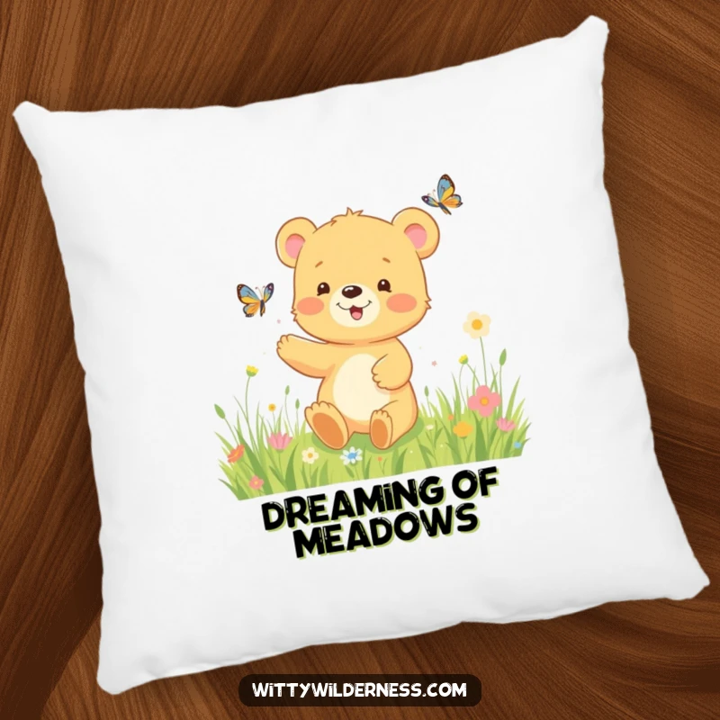 Funny pillow showing a happy bear cub joyfully chasing a butterfly in a colorful meadow, offering comfort and a touch of playful charm.
