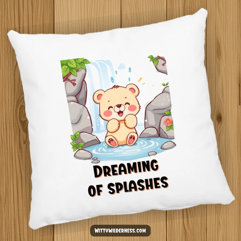 Funny pillow featuring a happy bear cub playfully swatting at a waterfall, adding comfort and playful spirit.