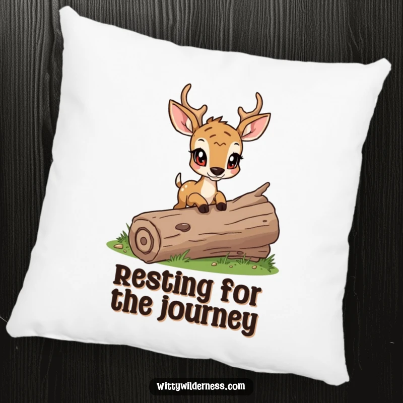 Funny pillow featuring a determined deer cautiously stepping over a fallen log, offering comfort and focus.