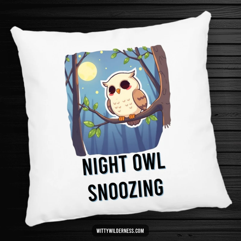 Funny pillow featuring a giggling owl perched on a branch, scanning the moonlit forest, offering comfort and amusement.