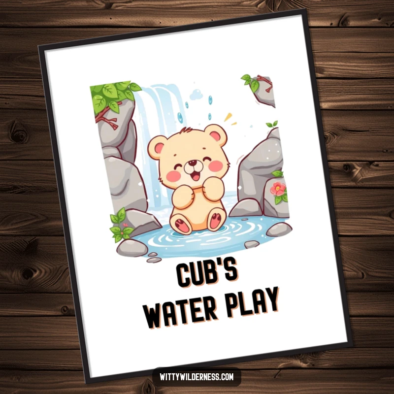 Funny digital art print of a happy bear cub playfully swatting at a cascading waterfall, capturing pure, unadulterated joy.