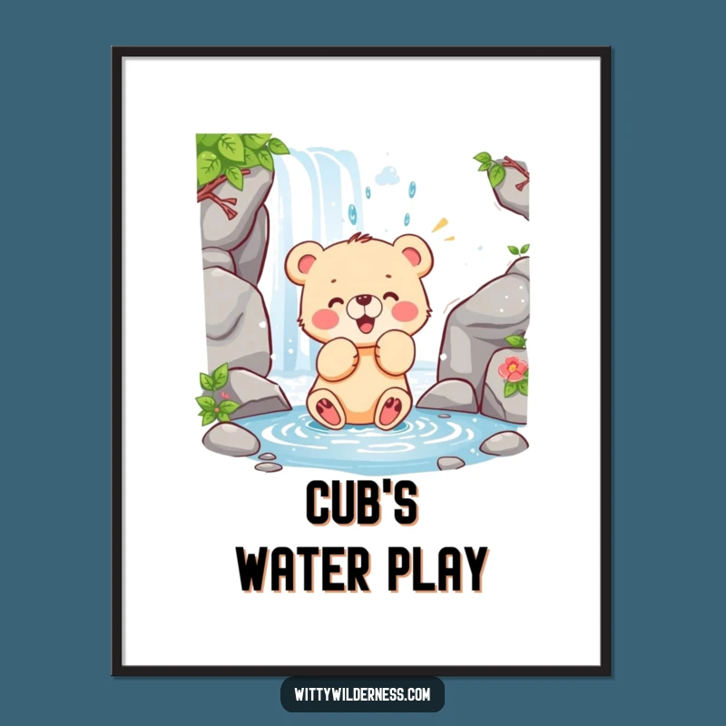 Funny Bear Cub Digital Art: Playful Water Fun, Instant Woodland Gift