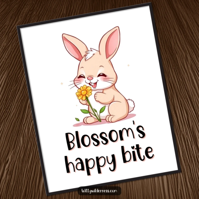 Funny digital art print of a giggling bunny gently nibbling on a small wildflower, a scene of pure garden delight and innocence.