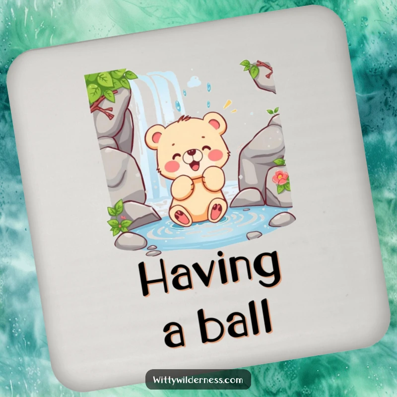 Funny drink coaster showcasing a happy bear cub playfully swatting at a waterfall, adding playful cheer.