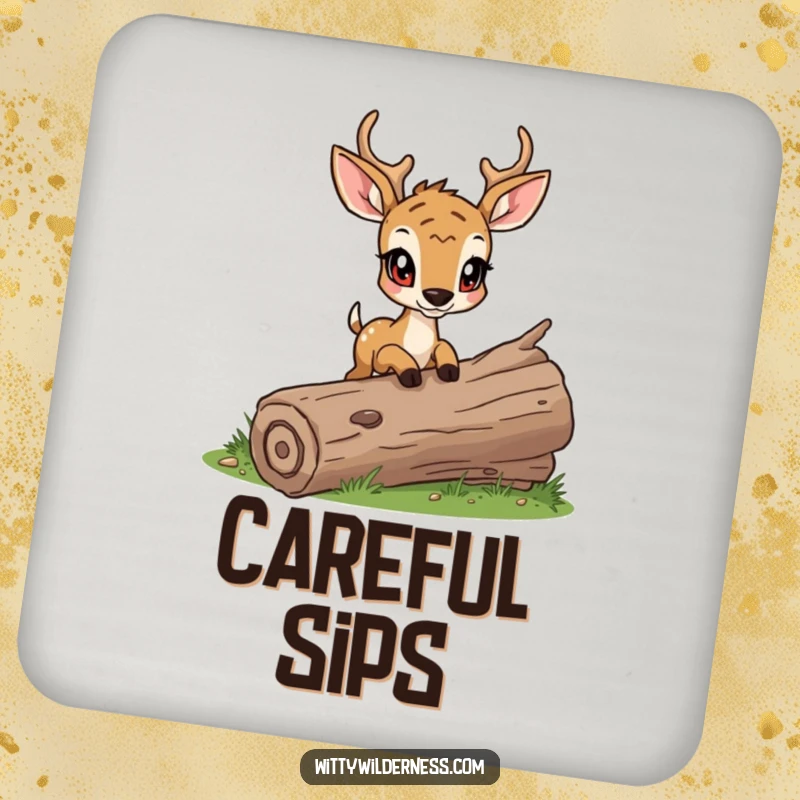 Funny drink coaster showcasing a determined deer stepping over a fallen log, adding focused elegance.