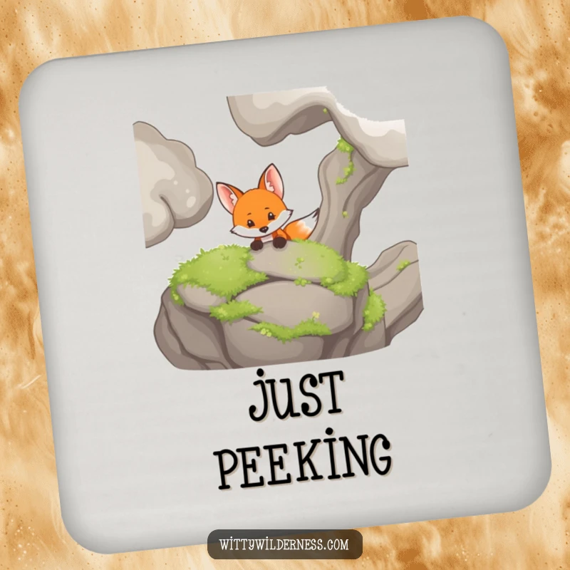 Funny drink coaster showcasing a curious fox peeking from behind a mossy rock, adding playful mystery.