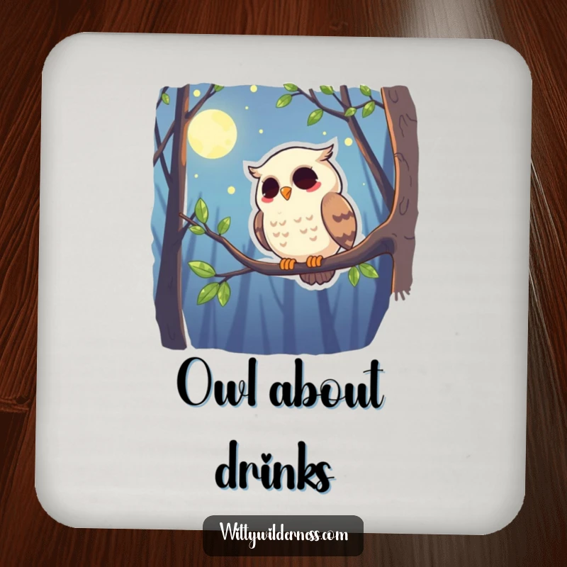Funny drink coaster showcasing a giggling owl perched on a branch, watching over the moonlit forest.