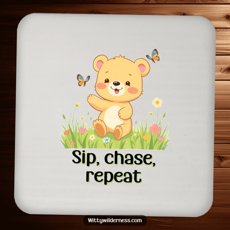 Funny drink coaster featuring a happy bear cub chasing a butterfly in a blooming meadow, adding a touch of playful charm.