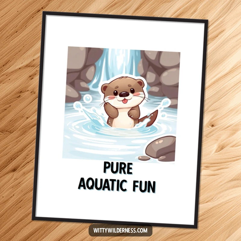 Funny poster artwork of a playful otter pup gleefully splashing in a crystal clear stream, a perfect depiction of aquatic delight.