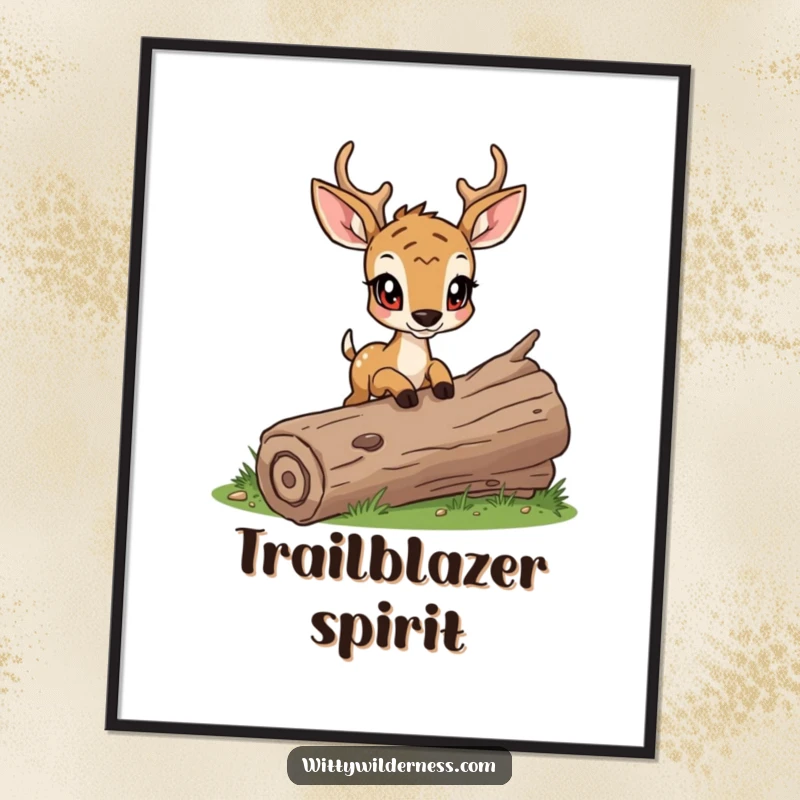 Funny poster depicting a determined deer cautiously stepping over a fallen log, its bright eyes focused.