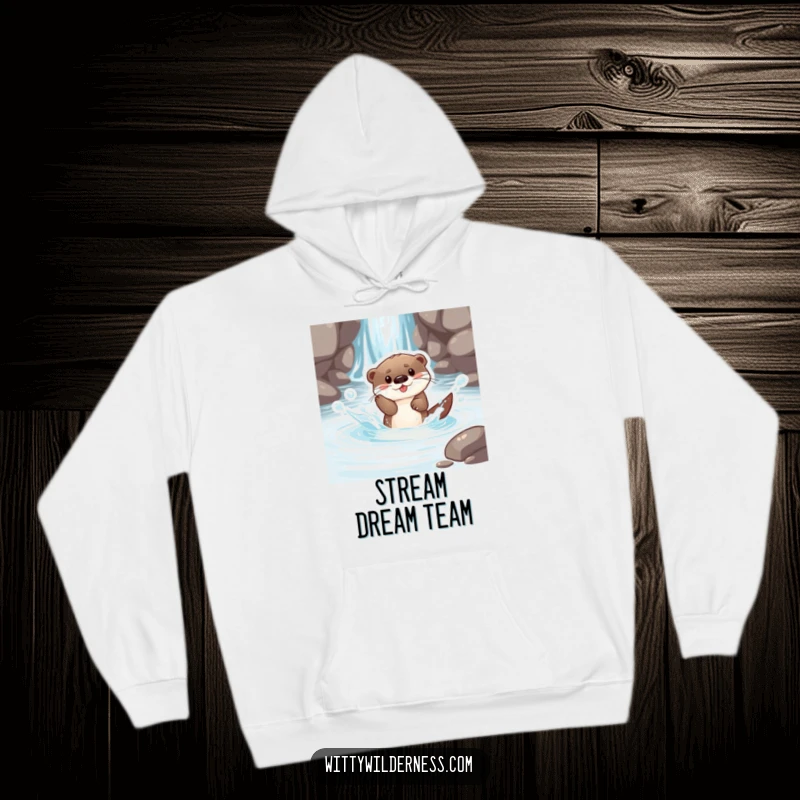 Funny hoodie featuring a joyful otter pup splashing exuberantly in a crystal clear stream, capturing a moment of delightful water play.