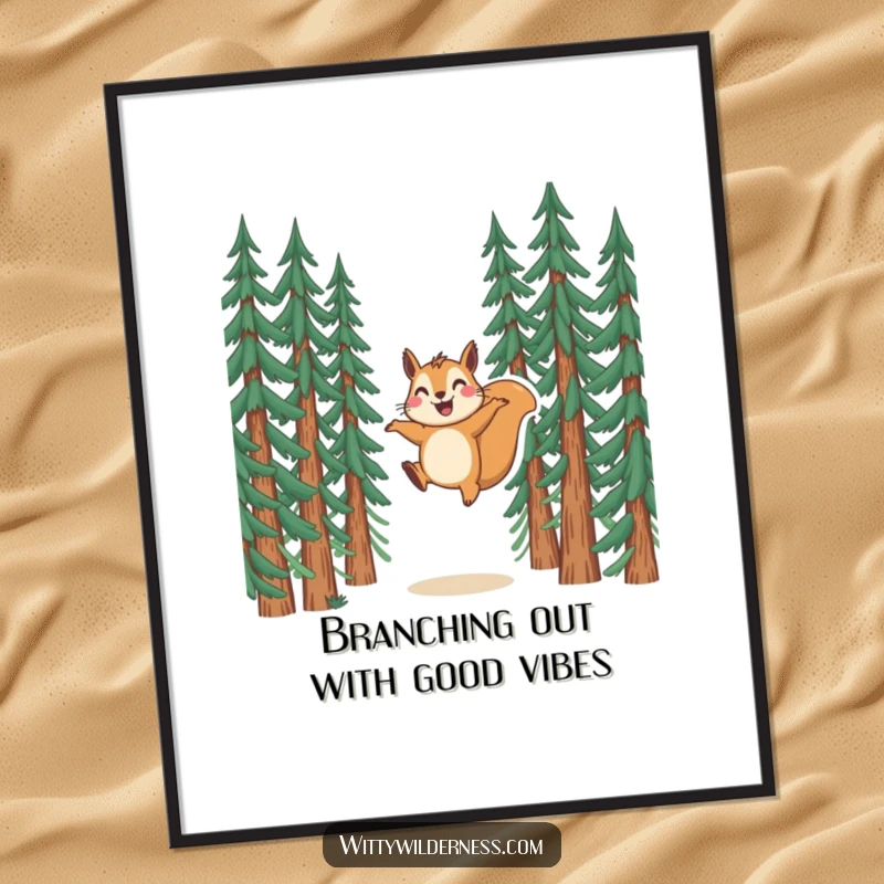 Funny Free Printable Wall Art: A joyous squirrel captured mid-leap between tall pine trees, humorous decor