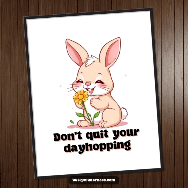 Funny Free Printable Wall Art: Giggling bunny nibbling on a small wildflower, charming garden-themed decor.