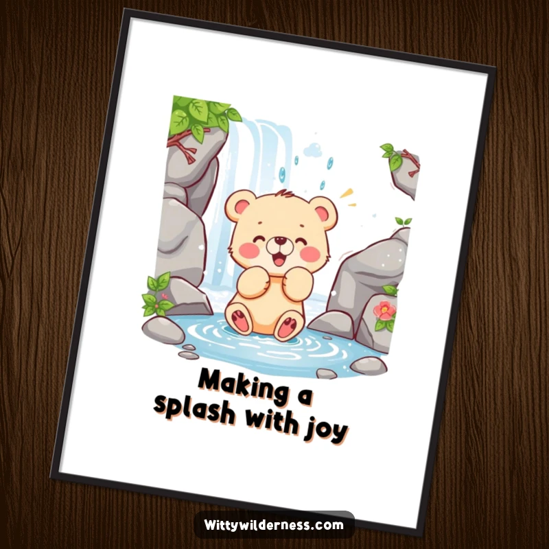 Funny Free Printable Wall Art: A happy bear cub splashing playfully at a waterfall, cheerful decor