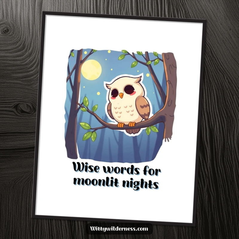 Funny Free Printable Wall Art: A giggling owl perched on a branch in a moonlit forest, enchanting decor