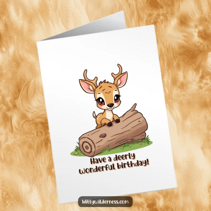 Funny Free Printable Birthday Card: Determined deer cautiously stepping over a log, a thoughtful downloadable gift