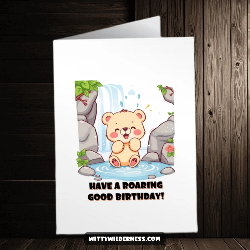 Funny Free Printable Birthday Card: Happy bear cub swatting playfully at a waterfall, a splashy downloadable gift