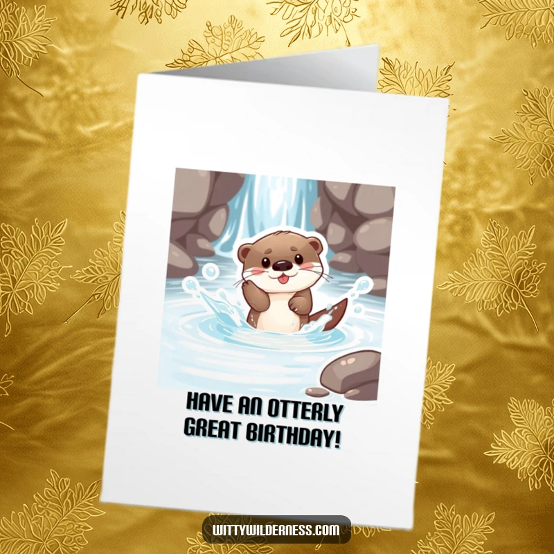Funny Free Printable Birthday Card: Playful otter pup splashing happily in a crystal clear stream, fun celebration art.