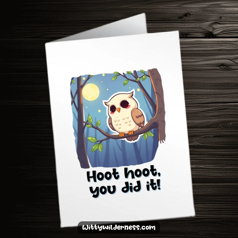 Funny Free Printable Congrats Card: A giggling owl watching the moonlit forest, a wise downloadable gift