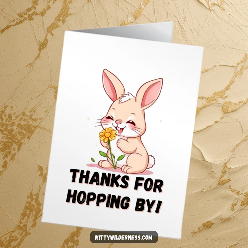 Funny Free Printable Thank You Card: Giggling bunny nibbling a wildflower, expressing thanks with nature's sweetness.