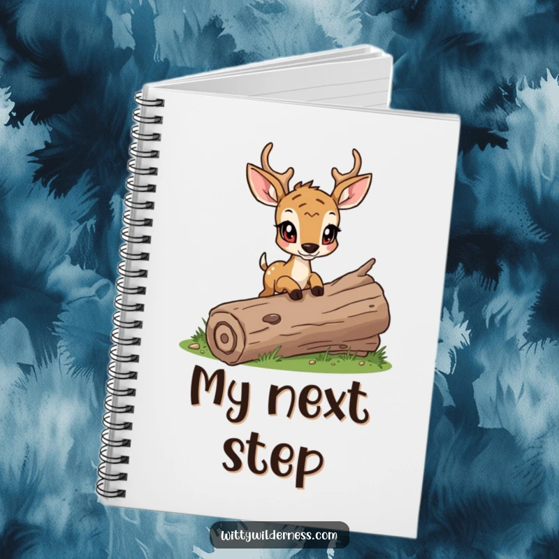 Funny notebook with a determined deer cautiously stepping over a fallen log, inspiring focused notes.