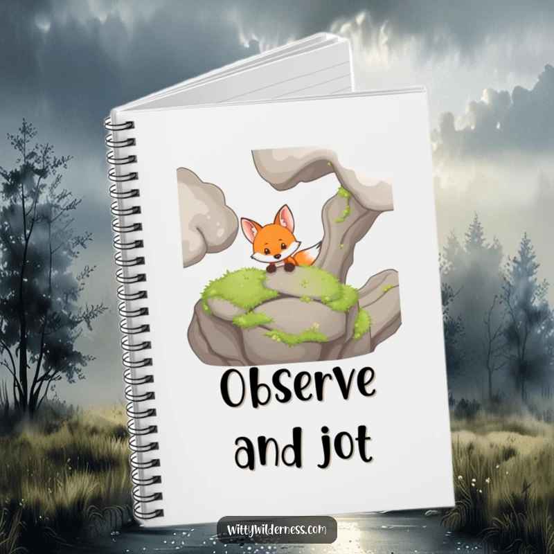 Funny notebook with a curious fox peeking from behind a mossy rock, ready to record secrets.