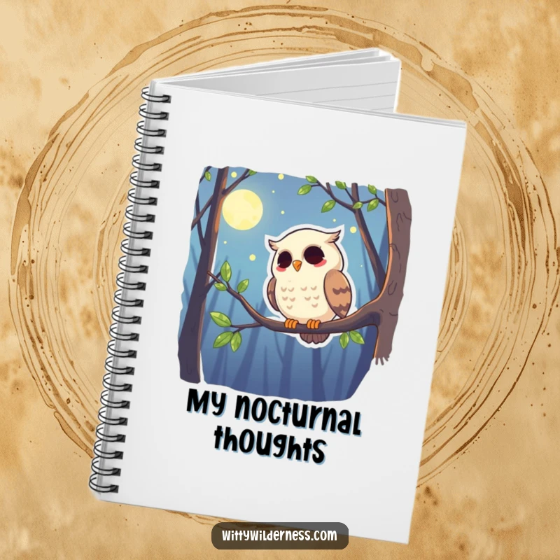 Funny notebook with a giggling owl perched on a branch, scanning the moonlit forest, inspiring fun ideas.