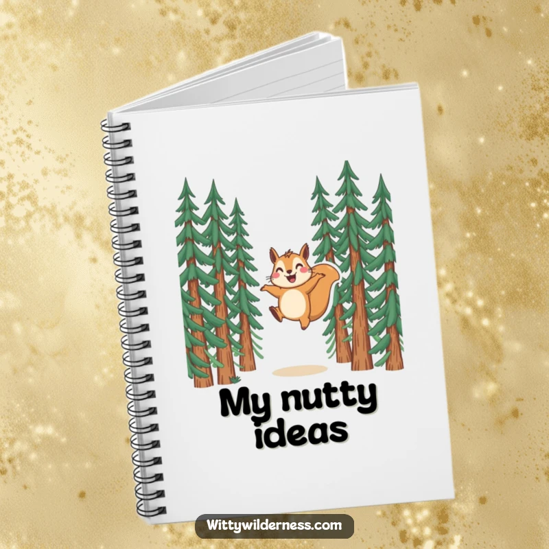Funny notebook with a joyful squirrel leaping between pine trees, inspiring happy thoughts and notes.