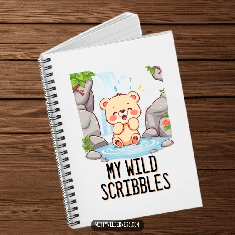 Funny notebook with a happy bear cub playfully swatting at a waterfall, inspiring fun notes.