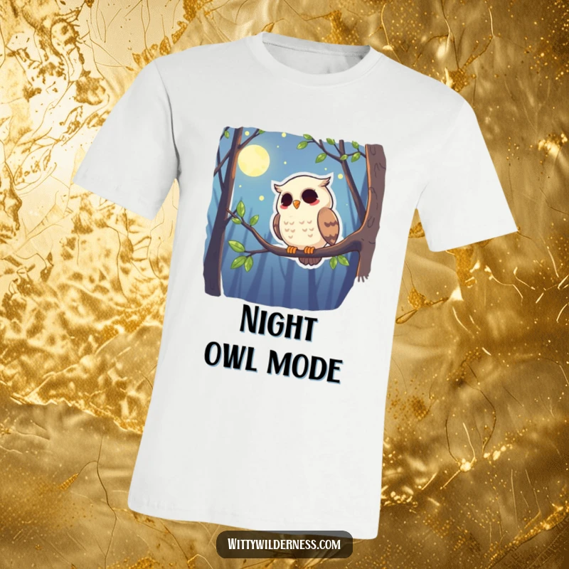 Funny t-shirt with a giggling owl perched on a branch, surveying the moonlit forest with a sense of mirth.