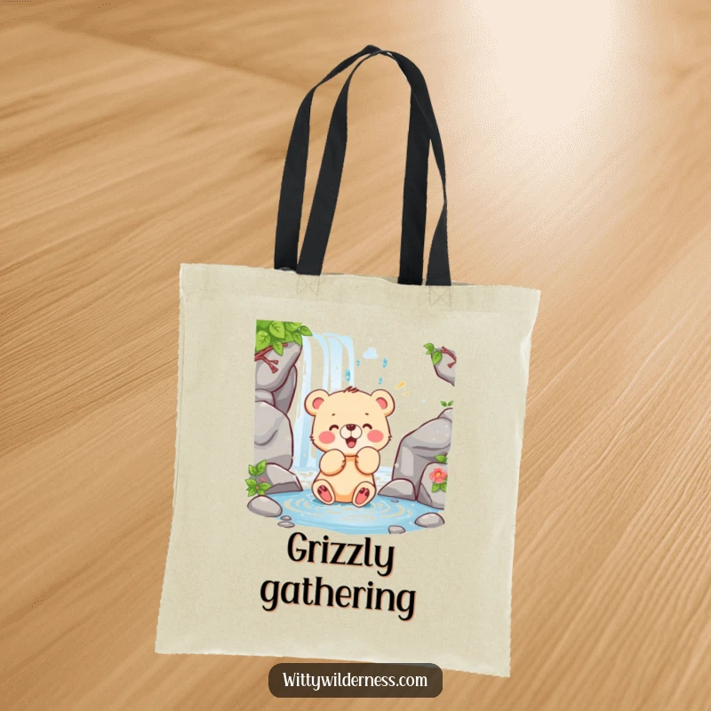 Funny tote bag featuring a happy bear cub playfully swatting at a waterfall, perfect for carrying essentials.